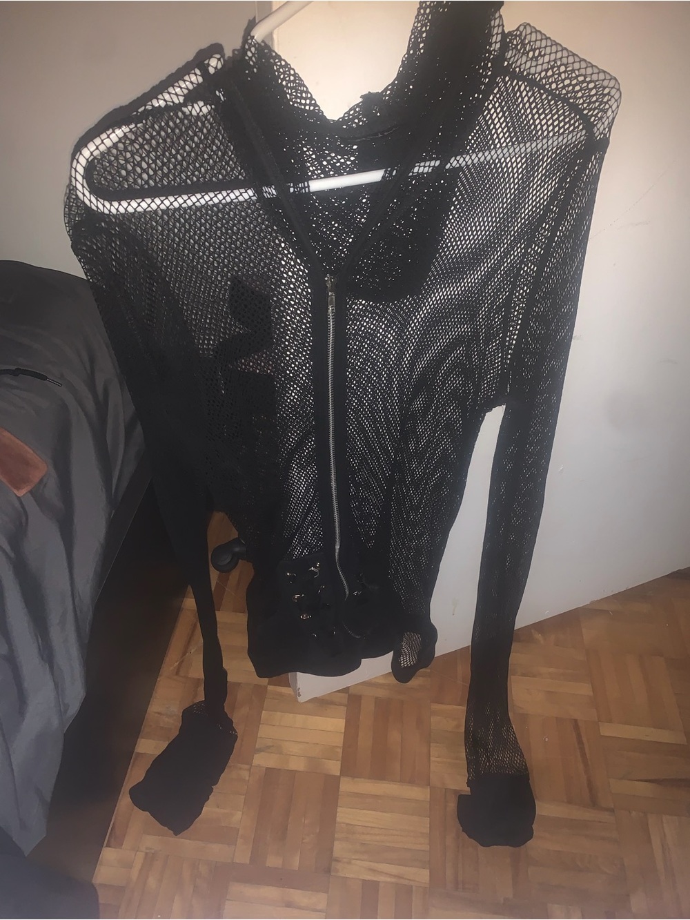 Black Mesh Zip-Front Hoodie Sweatshirt - Picture 4 of 8